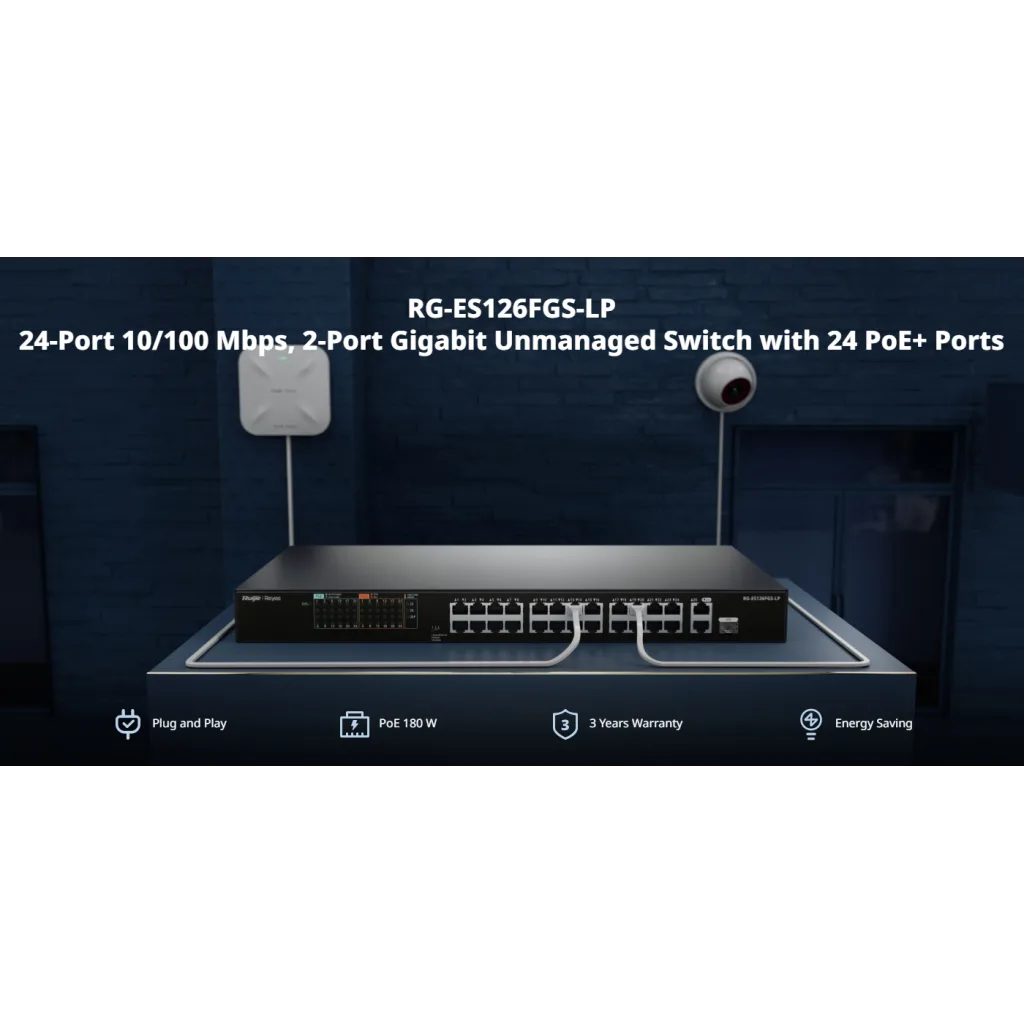 RUIJIE REYEE RG-ES126FGS-LP 26 Port, 24 Port Megabit PoE, 180W, 2 Port Gigabit Uplink, 1 Port Gigabit COMBO, Switch Meta
