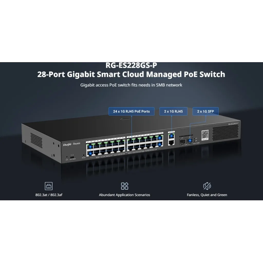 RUIJIE REYEE RG-ES228GS-P 28Port ,24 Port PoE 370W, 2Port Gİgabit Uplink, 2 Port SFP, Colud Yönetilebilir Switch Metal K