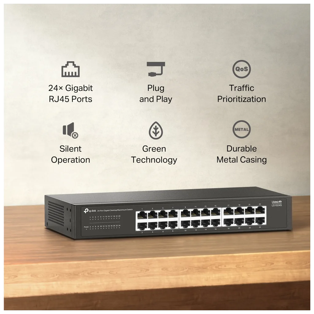 TP-LINK LS1024G, Green Tech, 24 Port GigaBit, Yönetilemez, Metal Kasa, Masaüstü Switch