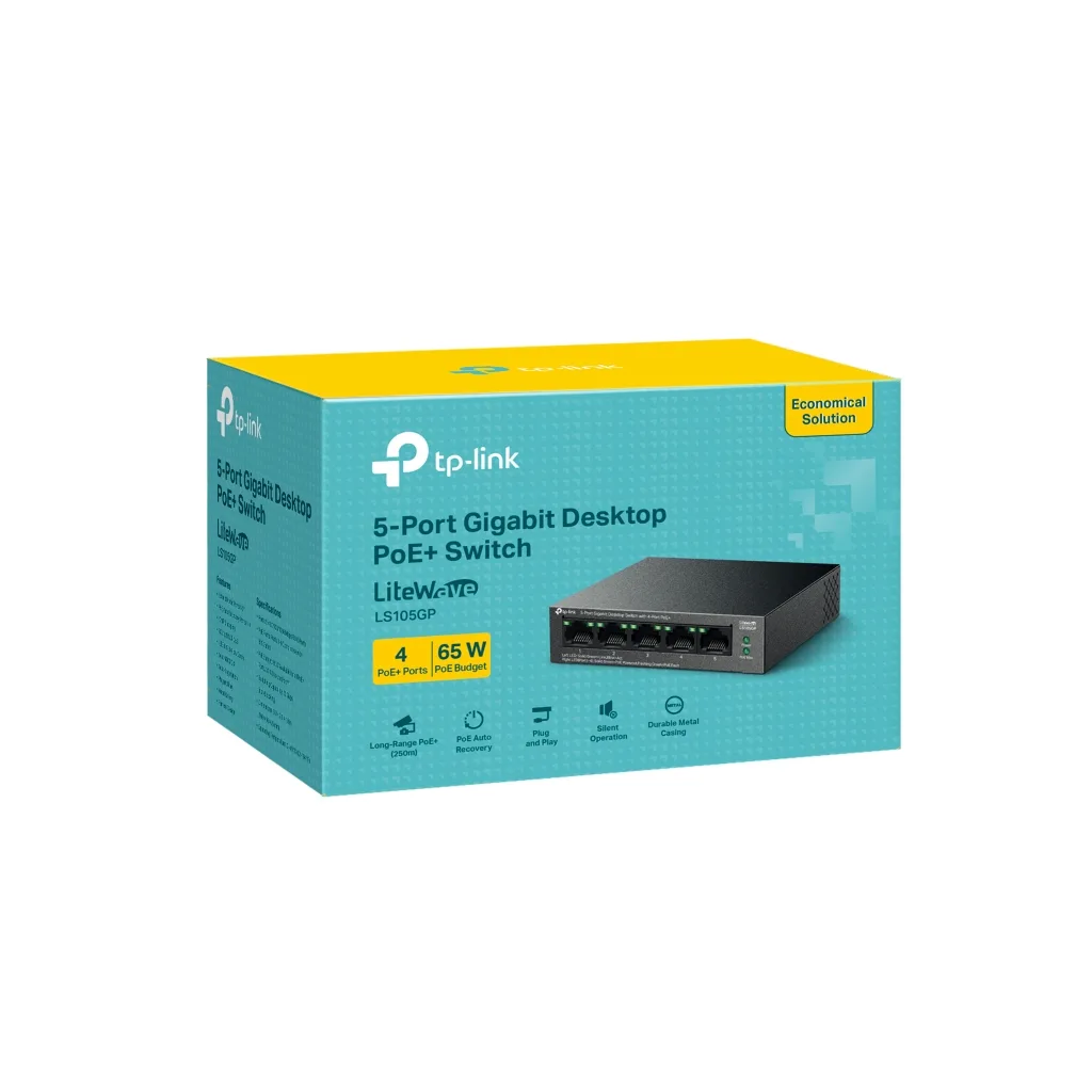 TP-LINK LS105GP, Green Tech, 5 Port, GigaBit, 4 Port PoE 65W, Metal Kasa, Yönetilemez, Masaüstü Switch