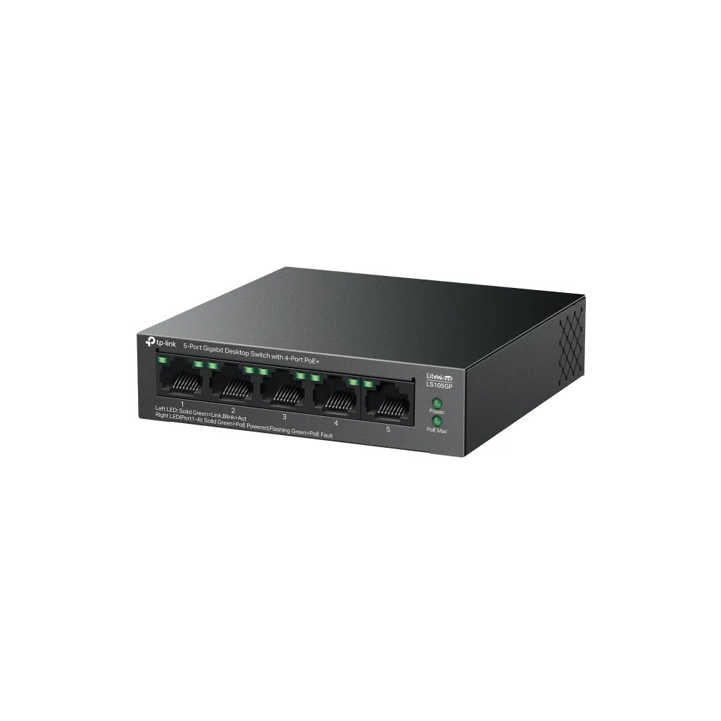 TP-LINK LS105GP, Green Tech, 5 Port, GigaBit, 4 Port PoE 65W, Metal Kasa, Yönetilemez, Masaüstü Switch