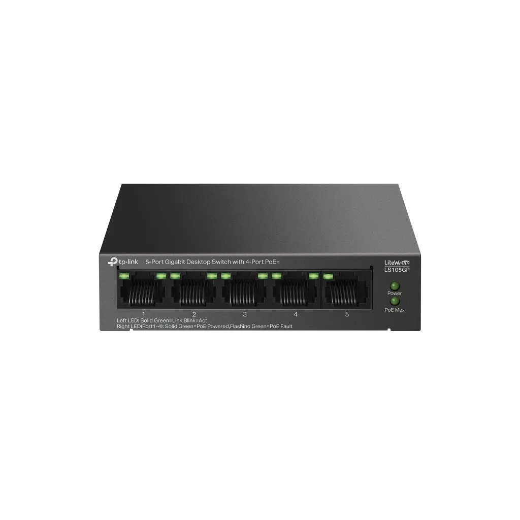 TP-LINK LS105GP, Green Tech, 5 Port, GigaBit, 4 Port PoE 65W, Metal Kasa, Yönetilemez, Masaüstü Switch