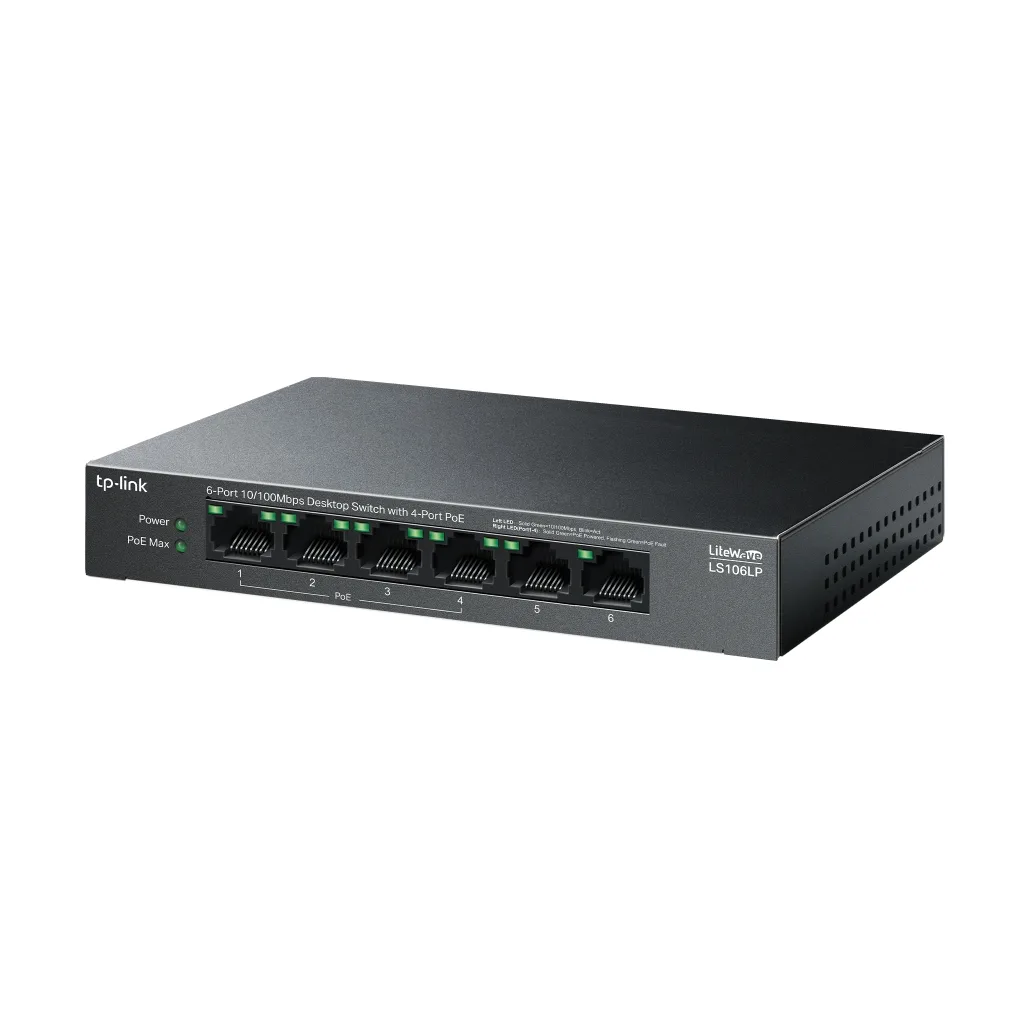 TP-LINK LS106LP, Green Tech, 6 Port, MegaBit, 4 Port PoE 41W, Metal Kasa, Yönetilemez, Masaüstü Switch
