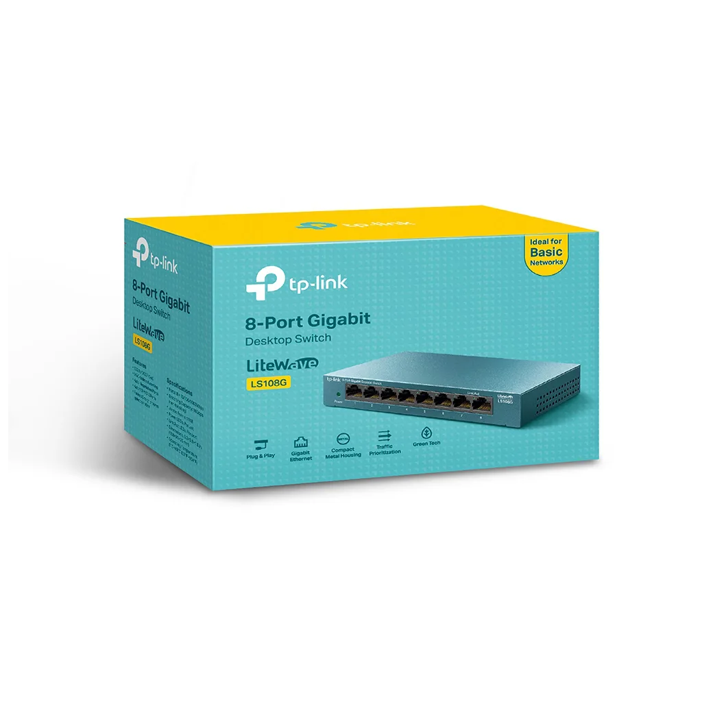 TP-LINK LS108G, Green Tech, 8 Port GigaBit, Yönetilemez, Metal Kasa, Masaüstü Switch