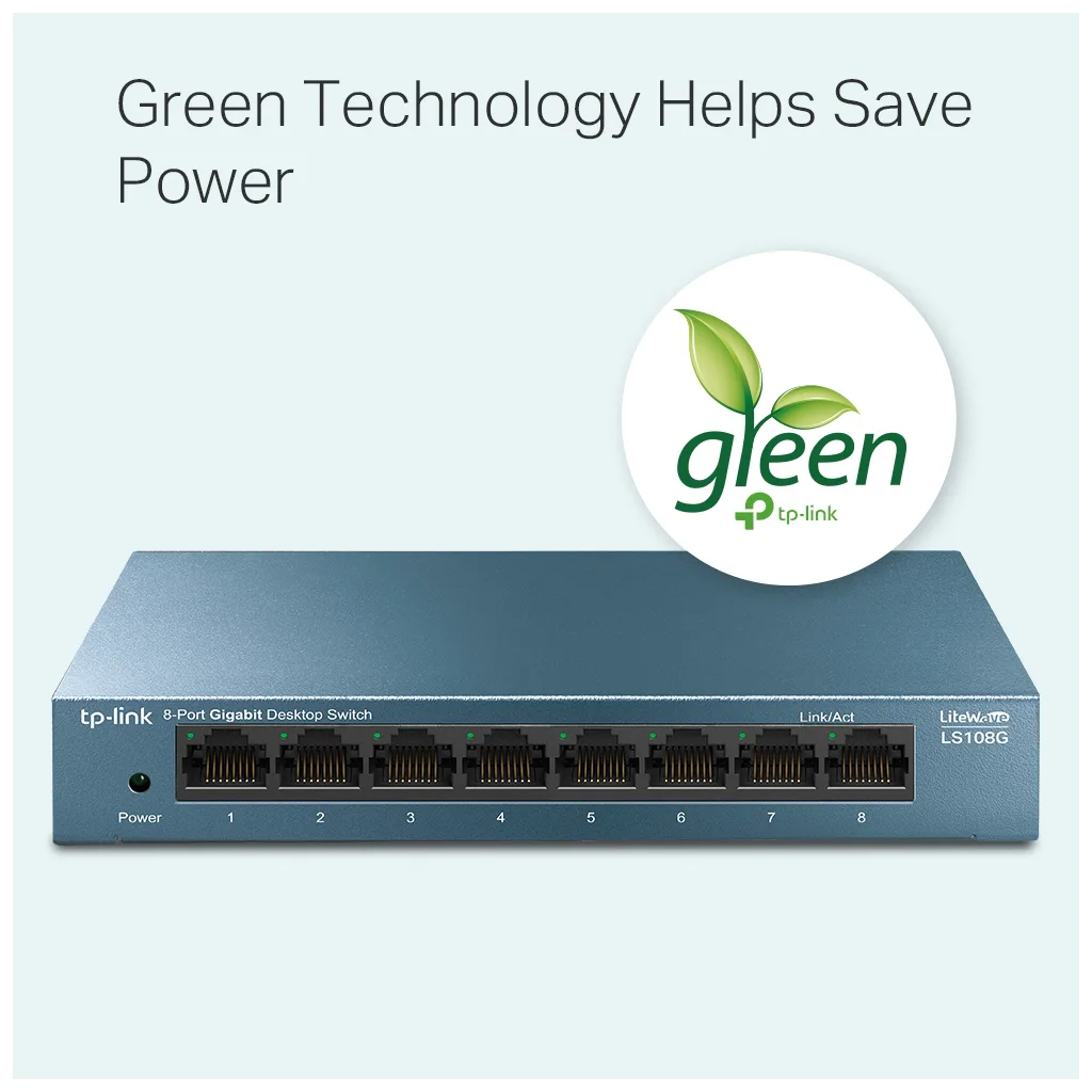 TP-LINK LS108G, Green Tech, 8 Port GigaBit, Yönetilemez, Metal Kasa, Masaüstü Switch