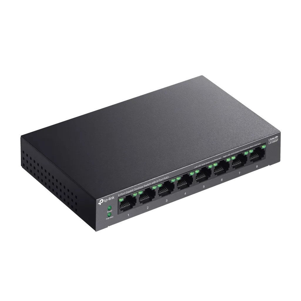 TP-LINK LS108GP, Green Tech, 8 Port GigaBit, PoE 62W, Yönetilemez, Metal Kasalı Switch