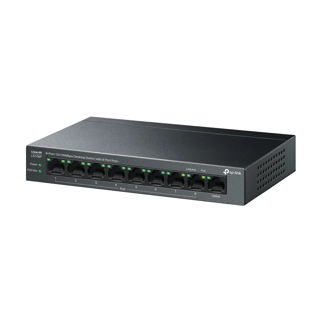 TP-LINK LS109P, Green Tech, 8 Port MegaBit, POE 63W, 1 Port Uplink, Long Range 250Mt, Yönetilemez, Metal Kasalı Switch