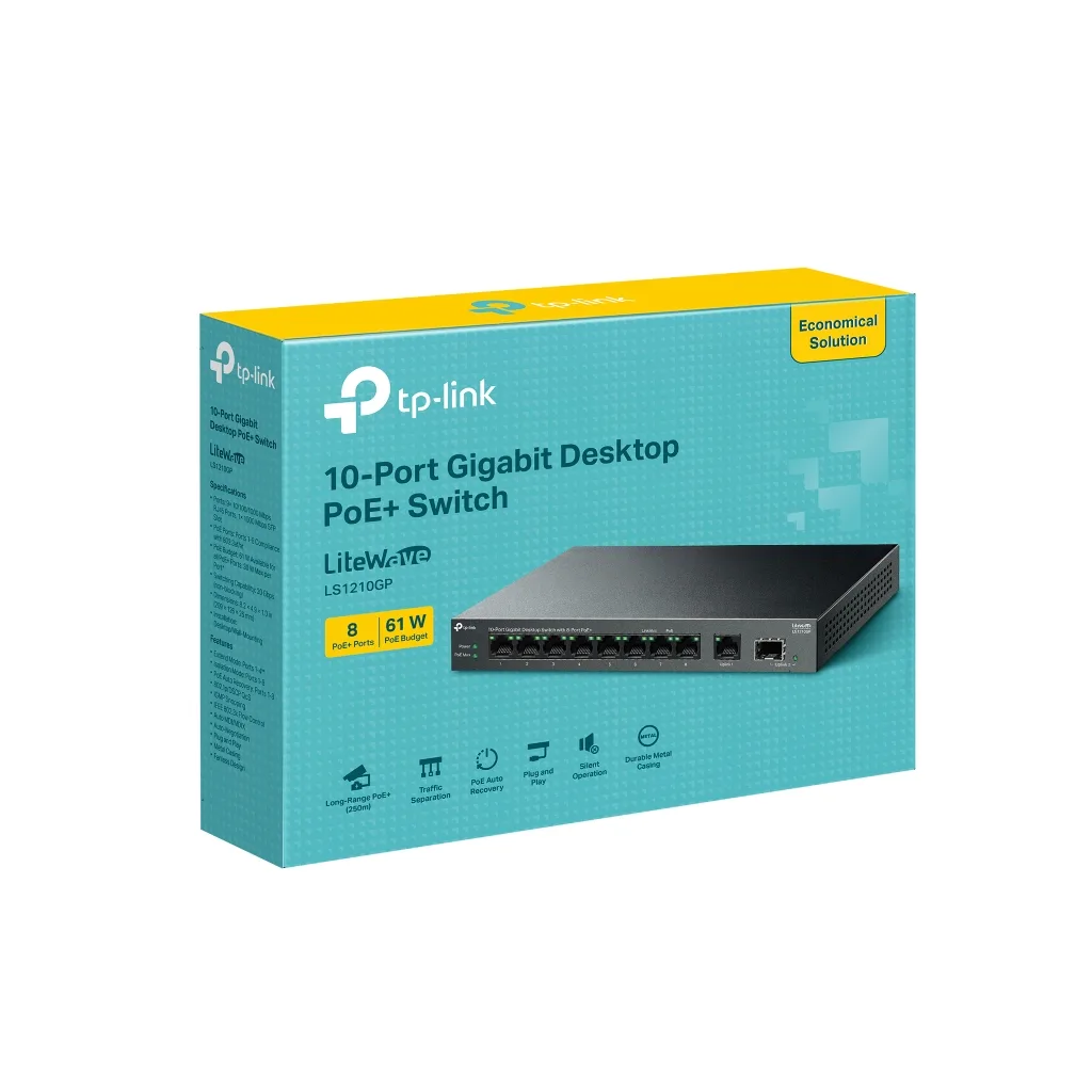 TP-LINK LS1210GP, Green Tech, 8 Port Gigabit, PoE 61W, 1 Port Gigabit Uplink, 1 Port Gigabit SFP, Yönetilemez Masaüstü S