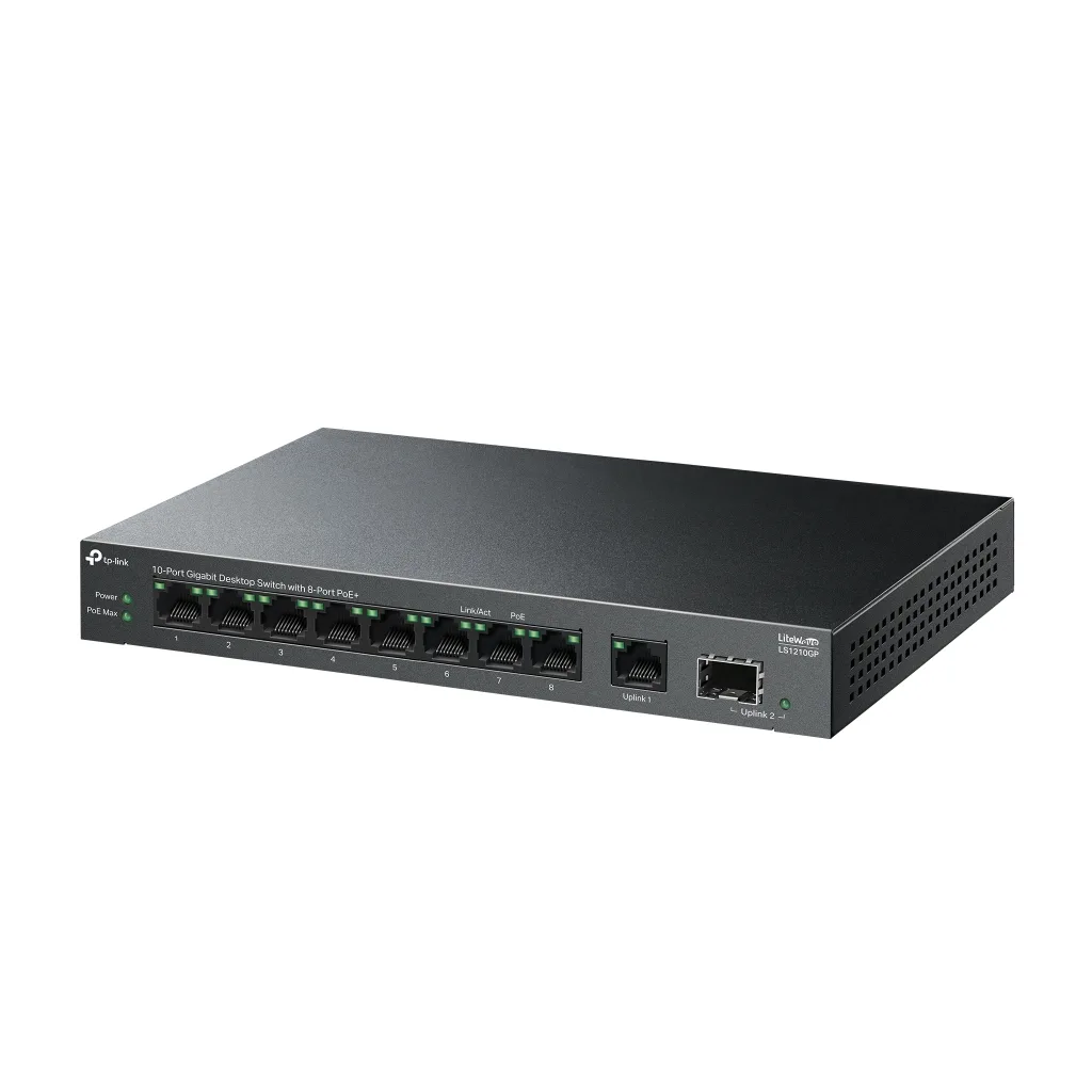 TP-LINK LS1210GP, Green Tech, 8 Port Gigabit, PoE 61W, 1 Port Gigabit Uplink, 1 Port Gigabit SFP, Yönetilemez Masaüstü S