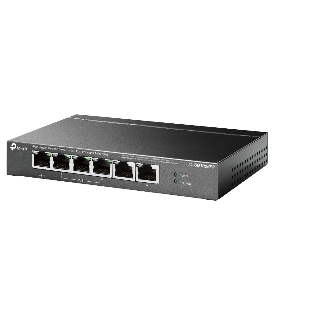 TP-LINK TL-SG1006PP, 6 Port, GigaBit, 4 Port PoE 64W, Yönetilemez, Metal Kasa, Masaüstü Switch