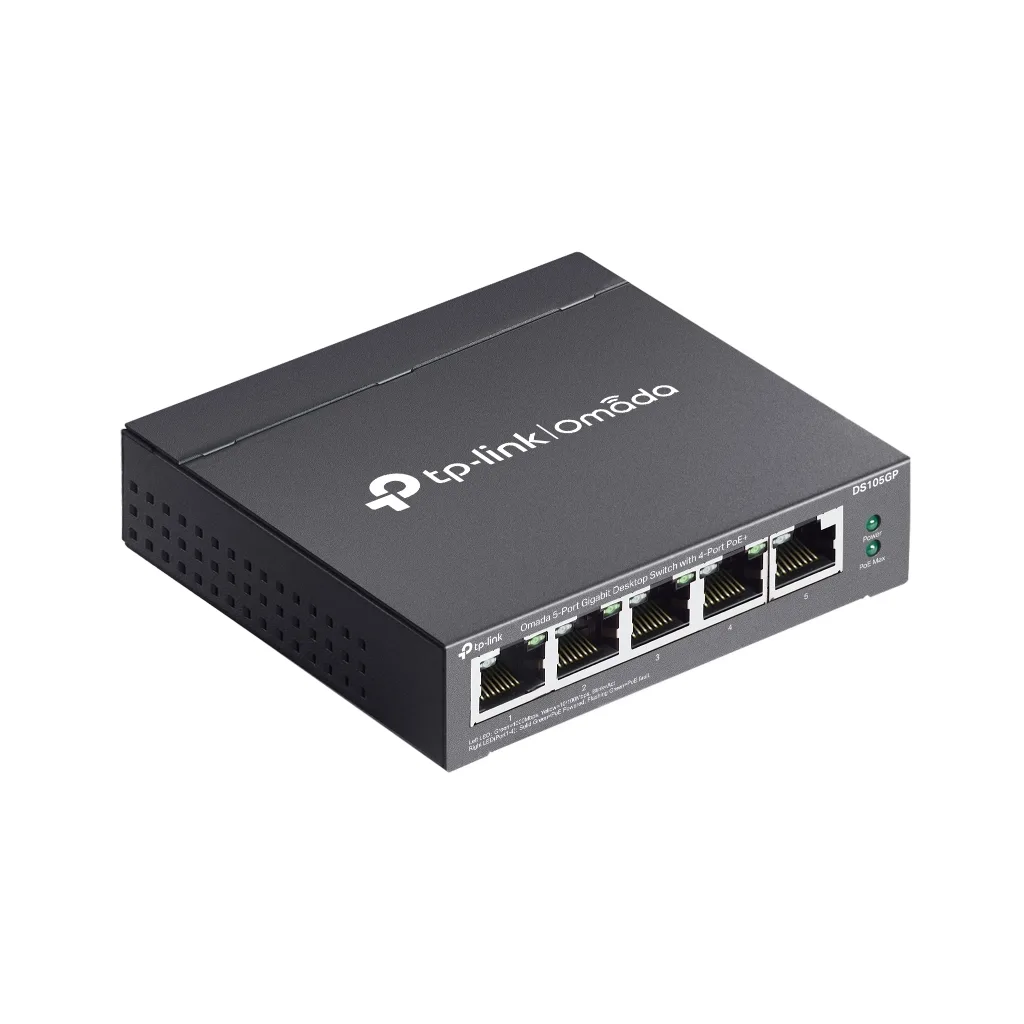 OMADA DS105GP, 5 Port Gigabit, 4 Port Gigabit PoE+, 65W, Yönetilemez, Masaüstü/Vesa Metal Kasa Sessiz Switch