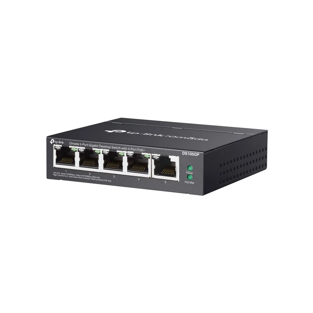 OMADA DS105GP, 5 Port Gigabit, 4 Port Gigabit PoE+, 65W, Yönetilemez, Masaüstü/Vesa Metal Kasa Sessiz Switch
