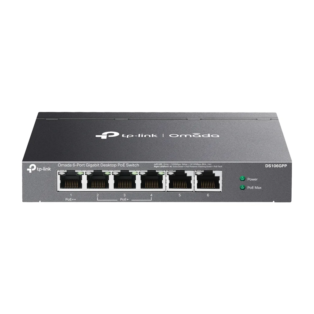 OMADA DS106GPP, 6 Port Gigabit, 3 Port Gigabit PoE+, 64W, 1 Port Gigabit PoE++, Yönetilemez, Metal Kasa Masaüstü Sessiz
