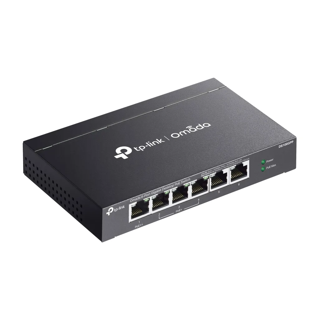 OMADA DS106GPP, 6 Port Gigabit, 3 Port Gigabit PoE+, 64W, 1 Port Gigabit PoE++, Yönetilemez, Metal Kasa Masaüstü Sessiz