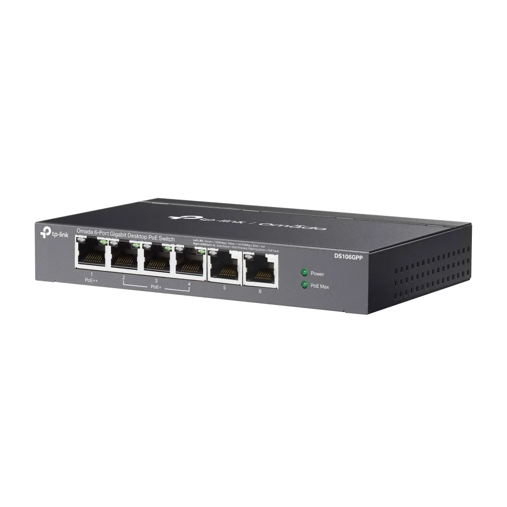 OMADA DS106GPP, 6 Port Gigabit, 3 Port Gigabit PoE+, 64W, 1 Port Gigabit PoE++, Yönetilemez, Metal Kasa Masaüstü Sessiz