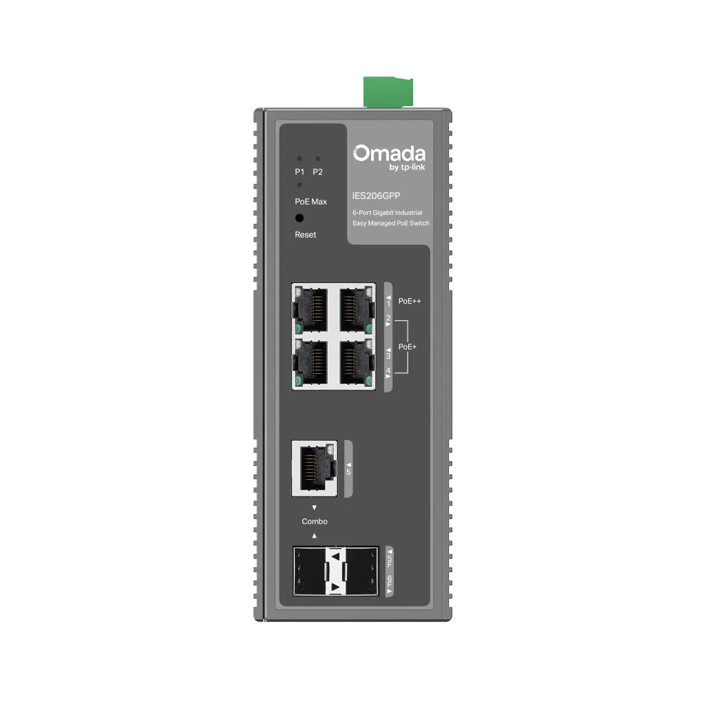 Omada IES206GPP Industrial, 6 Port Gigabit, 1Port Poe++, 3 Port Poe+, 1 Port Gigabit Combo SFP, 120W, Yönetilebilir, End