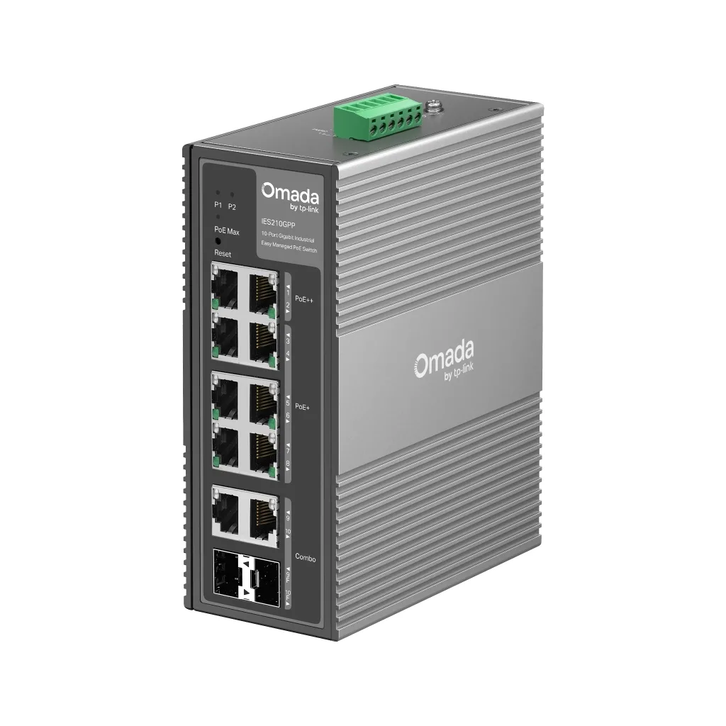 OMADA IES210GPP Industrial, 10 Port Gigabit, 6 Port Poe+, 2 Port Poe++, 2 Port Combo SFP, 240W, Yönetilebilir Endüstriye