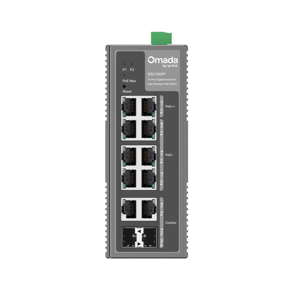 OMADA IES210GPP Industrial, 10 Port Gigabit, 6 Port Poe+, 2 Port Poe++, 2 Port Combo SFP, 240W, Yönetilebilir Endüstriye