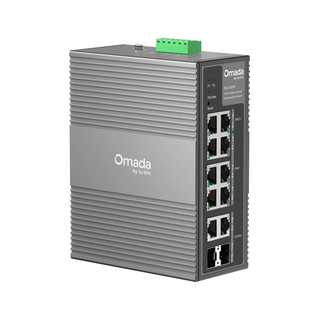 OMADA IES210GPP Industrial, 10 Port Gigabit, 6 Port Poe+, 2 Port Poe++, 2 Port Combo SFP, 240W, Yönetilebilir Endüstriye