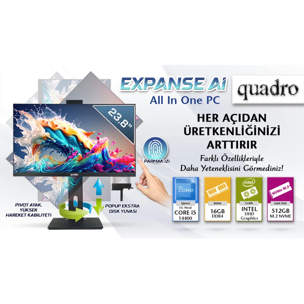 QUADRO EXPANSE AI B424 14165, i5-14400, 23,8" FHD Ekran, 16Gb Ram, 512Gb SSD, Pivot, Paylaşımlı VGA, Free Dos All In One