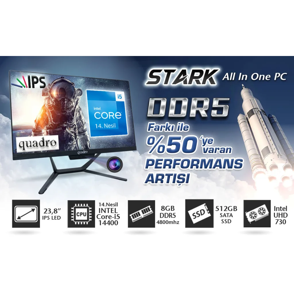 QUADRO STARK H424D5 145850, i5-14400, 23,8" FHD Ekran, 8Gb DDR5 Ram, 512Gb SSD, Paylaşımlı VGA, Free Dos All In One PC