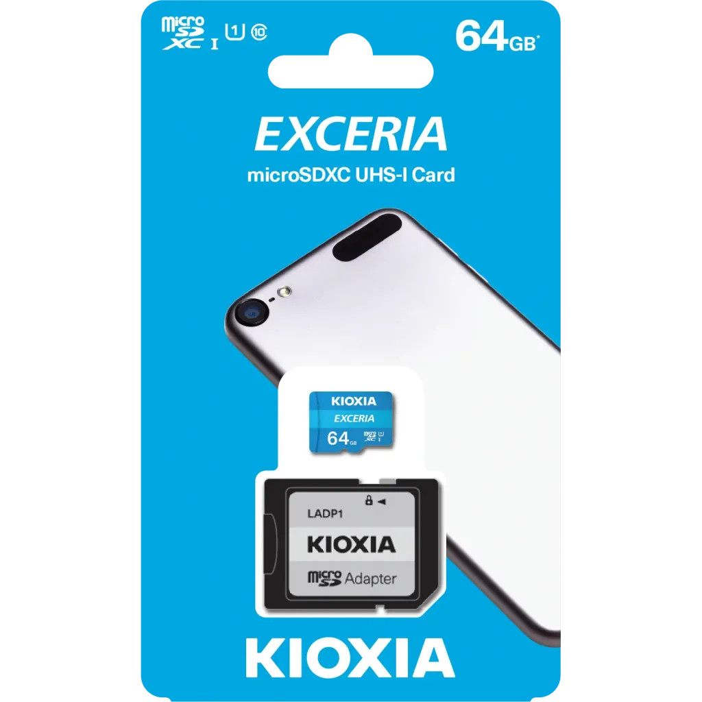 KIOXIA 64GB Exceria, LMEX1L064GG2, UHS-1, CL10, 100Mb/s, MicroSD Kart Bellek (SD Adaptörlü)