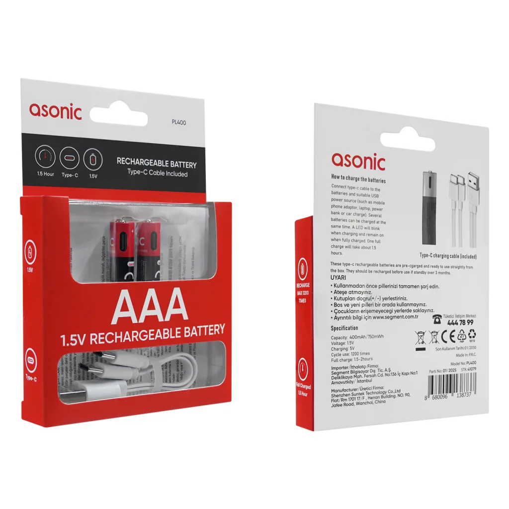 ASONIC PL400, AAA, Şarjlı Pil, 1.5Volt, 400mAh/750mwh, Type-C ile Kolay Şarj, 2 li Paket (USB To Type-C Kablo Hediye)