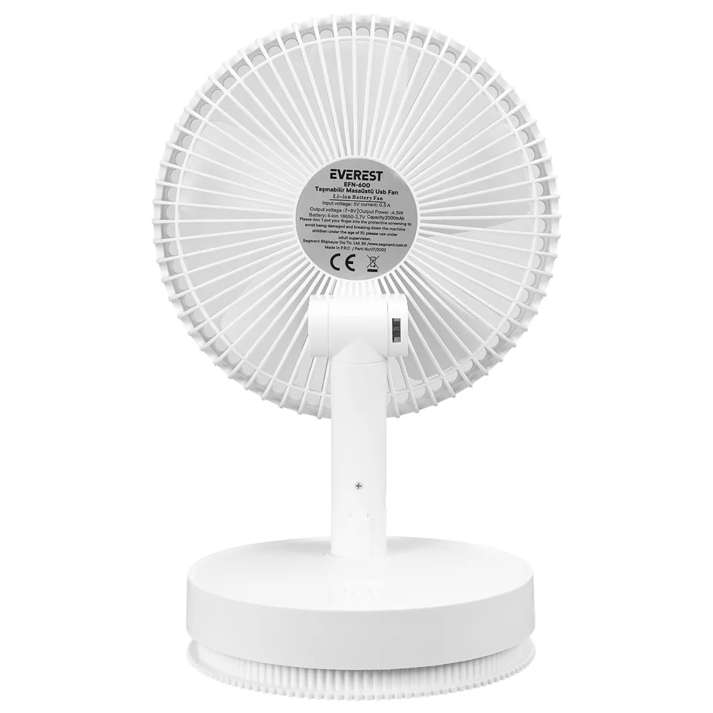 EVEREST EFN-600, BEYAZ, 4 Kademeli Hız, Masaüstü Kullanım, Taşınabilir, Dahili 2000mAh Bataryalı, USB Şarj Girişli, Kuma