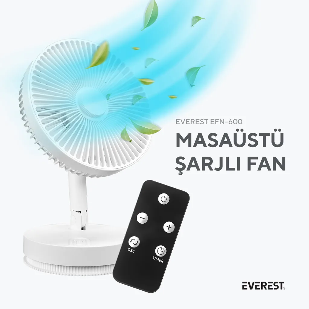 EVEREST EFN-600, BEYAZ, 4 Kademeli Hız, Masaüstü Kullanım, Taşınabilir, Dahili 2000mAh Bataryalı, USB Şarj Girişli, Kuma