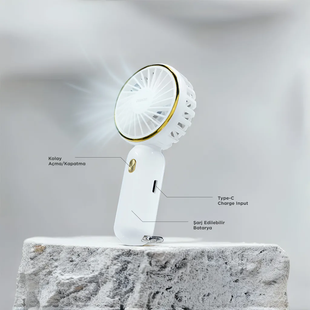 EVEREST EFN11, BEYAZ, 3 Kademeli Hız, Elde Kullanım, Dahili 900mAh Bataryalı, Type-C Şarj Girişli, Vantilatör