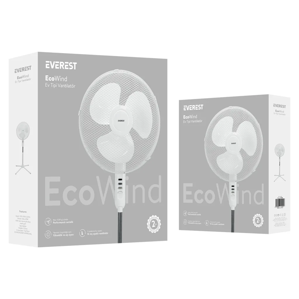 EVEREST FAN10, BEYAZ, EcoWind, 3 Kademeli Hız, 40cm 3 Kanat Pervane ve Çerçeve, 45W, Otomatik Salınım, Yükseklik Ayarlı