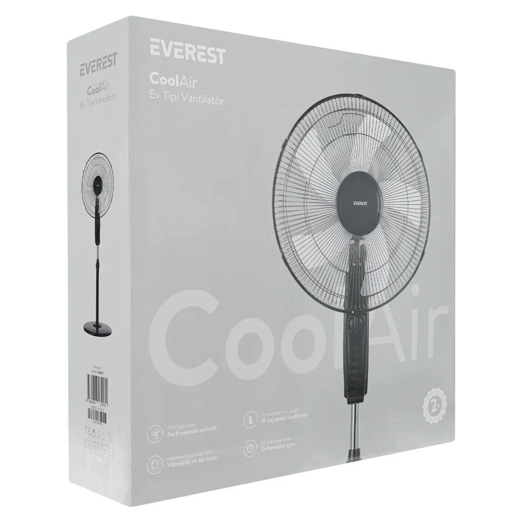 EVEREST FAN11, SİYAH, CoolAir, 3 Kademeli Hız, 40cm 5 Kanat Pervane ve Çerçeve, 45W, Otomatik Salınım, Yükseklik Ayarlı