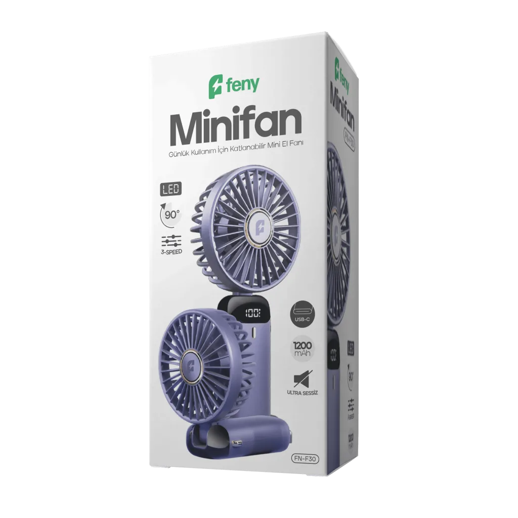 FENY FN-F30, MAVİ, 3 Kademeli Hız, Katlanabilir Gövde, LCD Gösterge, Elde Kullanım, Dahili 1200mAh Bataryalı, Type-C Şar