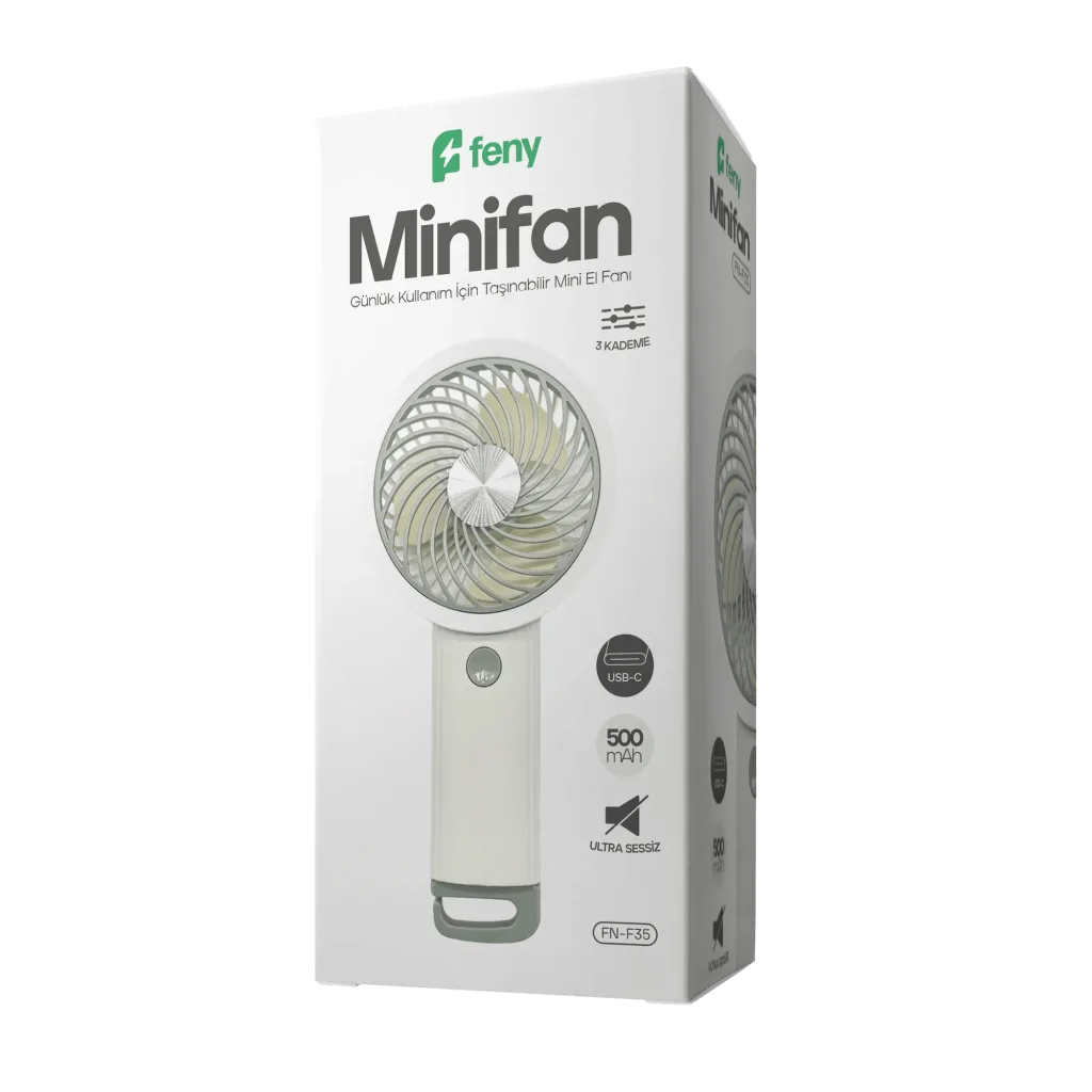 FENY FN-F35, BEYAZ-GRİ, 3 Kademeli Hız, Kancalı, Elde Kullanım, Dahili 500mAh Bataryalı, Type-C Şarj Girişli, Vantilatör