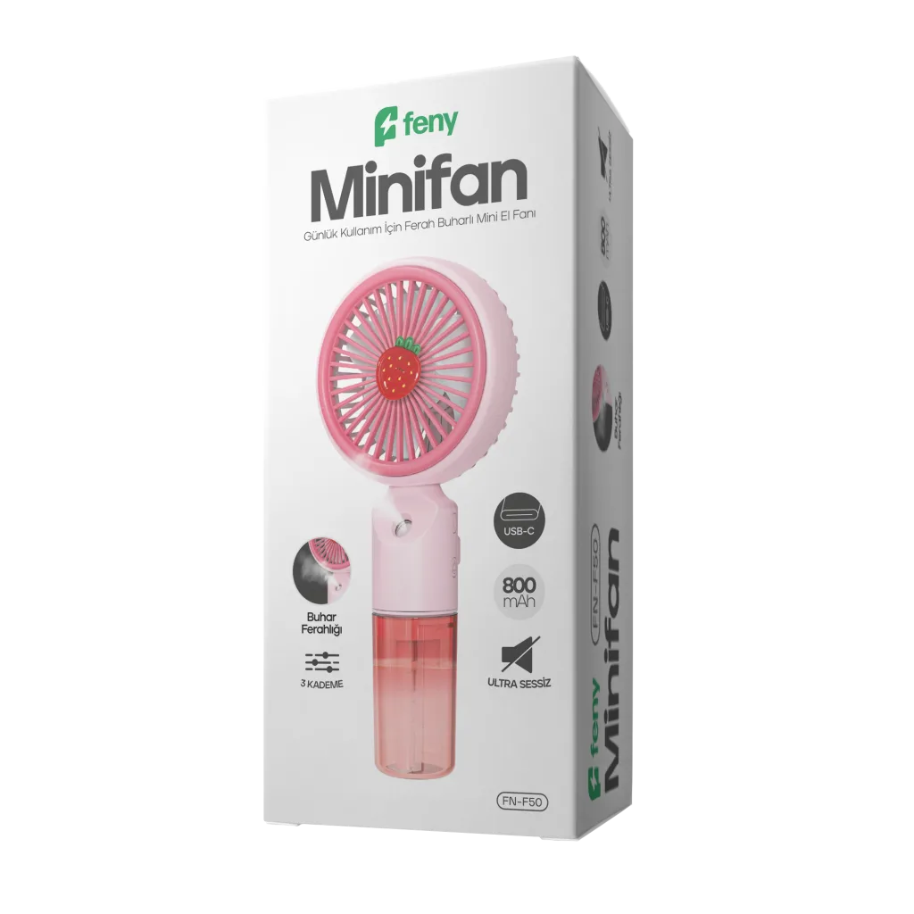 FENY FN-F50, PEMBE, 3 Kademeli Hız, Buharlı Ferahlık, Elde Kullanım, Dahili 800mAh Bataryalı, Type-C Şarj Girişli, Vanti