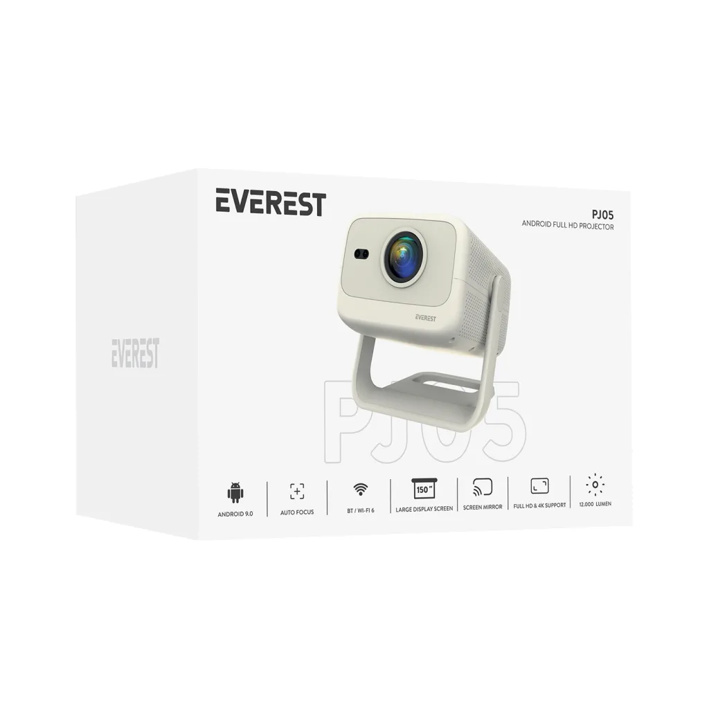 EVEREST PJ05, 400 LED Lümen, 1920X1080P, 1xHDMI, 1xUSB, RJ45, WiFi 6, Bluetooth, 30.000 Saat Led Ömrü, 1.5W Speaker, And