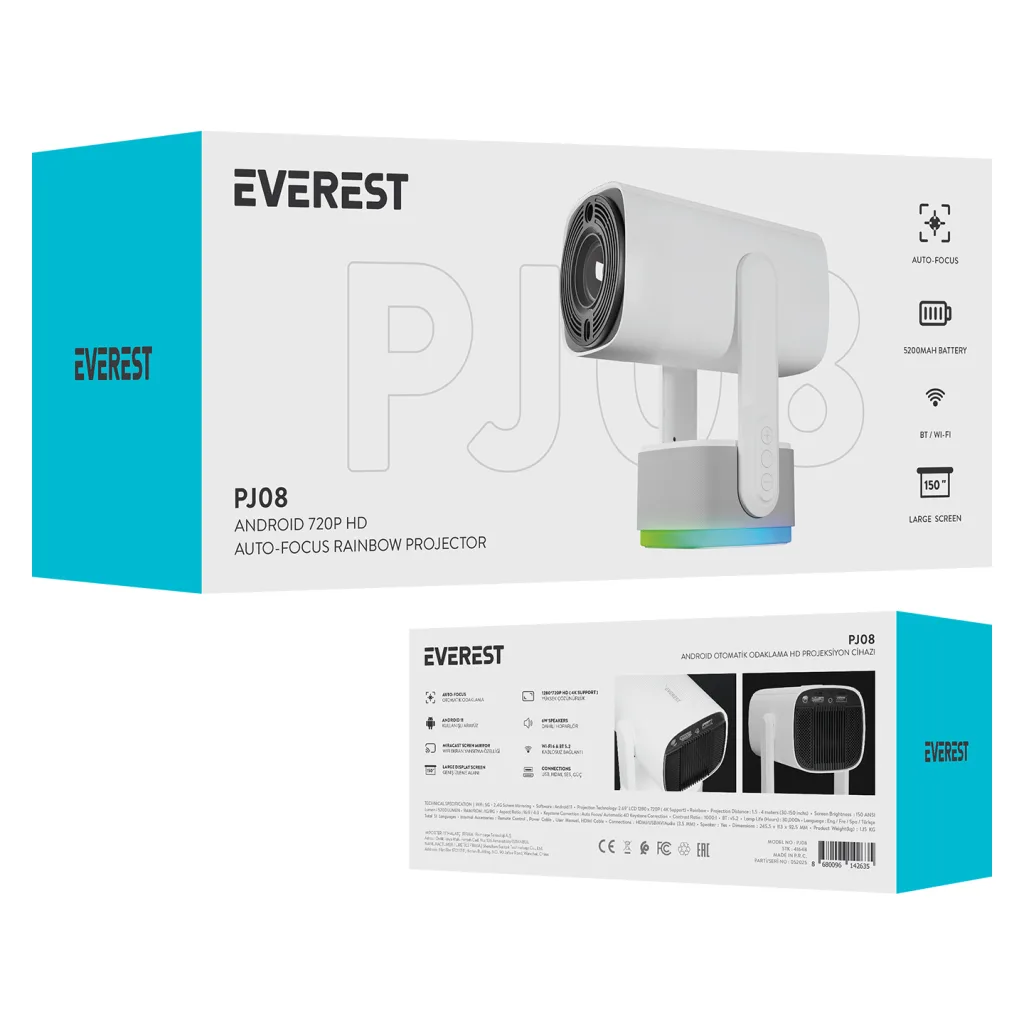 EVEREST PJ08, Beyaz, 150 LED Lümen, 1280x720, 1xHDMI, 1xUSB, WiFi, Bluetooth, 30.000 Saat Led Ömrü, 6W Speaker, 5200mAh