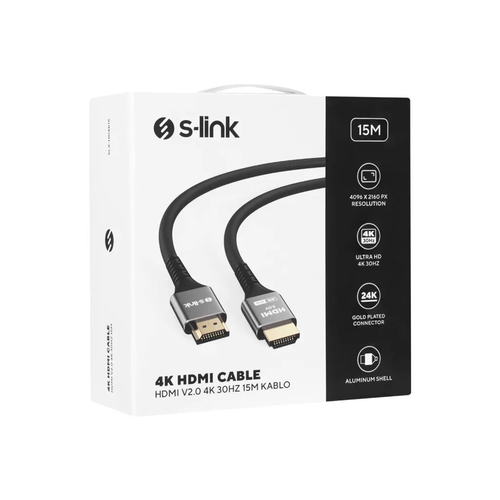 S-LINK SW-SGG039, 4K UHD, HDMI v2,0 Kablo. 15mt. 30Hz. Metal Uçlu, Kablo