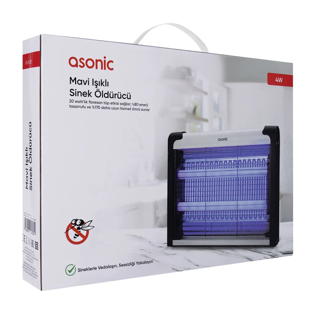 ASONIC AS-A28, Siyah, 4W, 2000V, Masaüstü, Zincir Askılı, 2adet UV Mor Işıklı, Siyah Kasa, Sinek Öldürücü