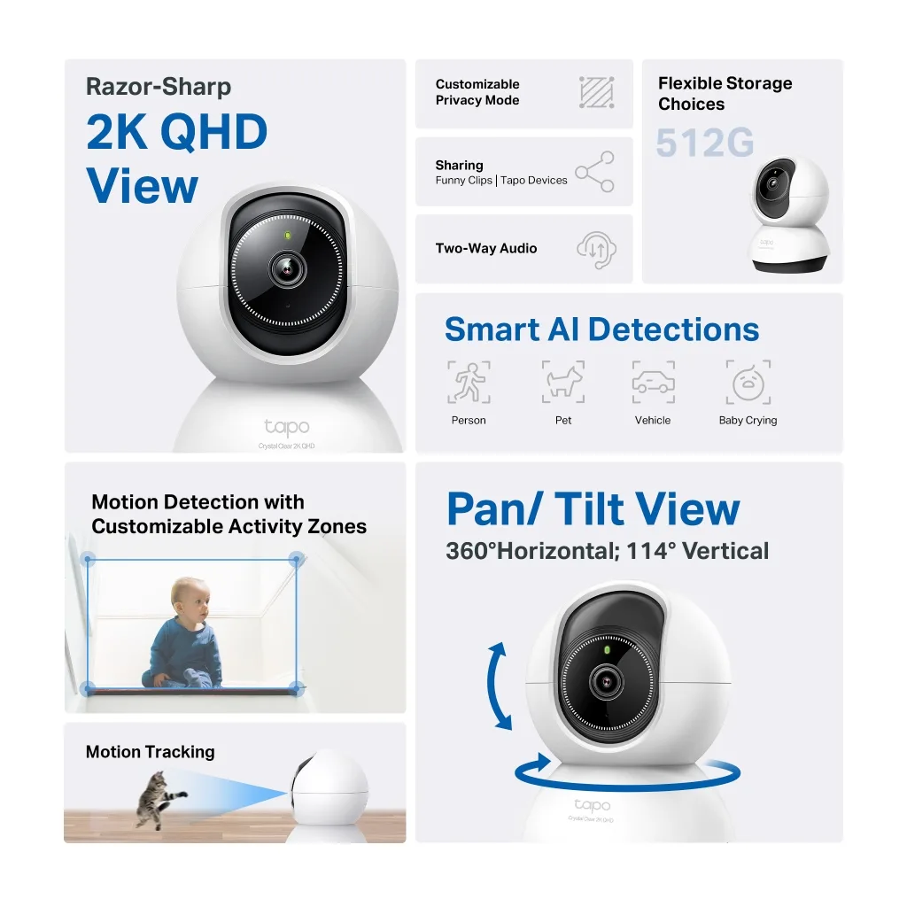 TP-LINK Tapo TC72 (C220), 2K QHD 4,0Mpix, İç Mekan WiFi, 9Mt. Gece Görüşü, 360 Dönüş, İki Yönlü Ses Güvenlik Yapay Zeka