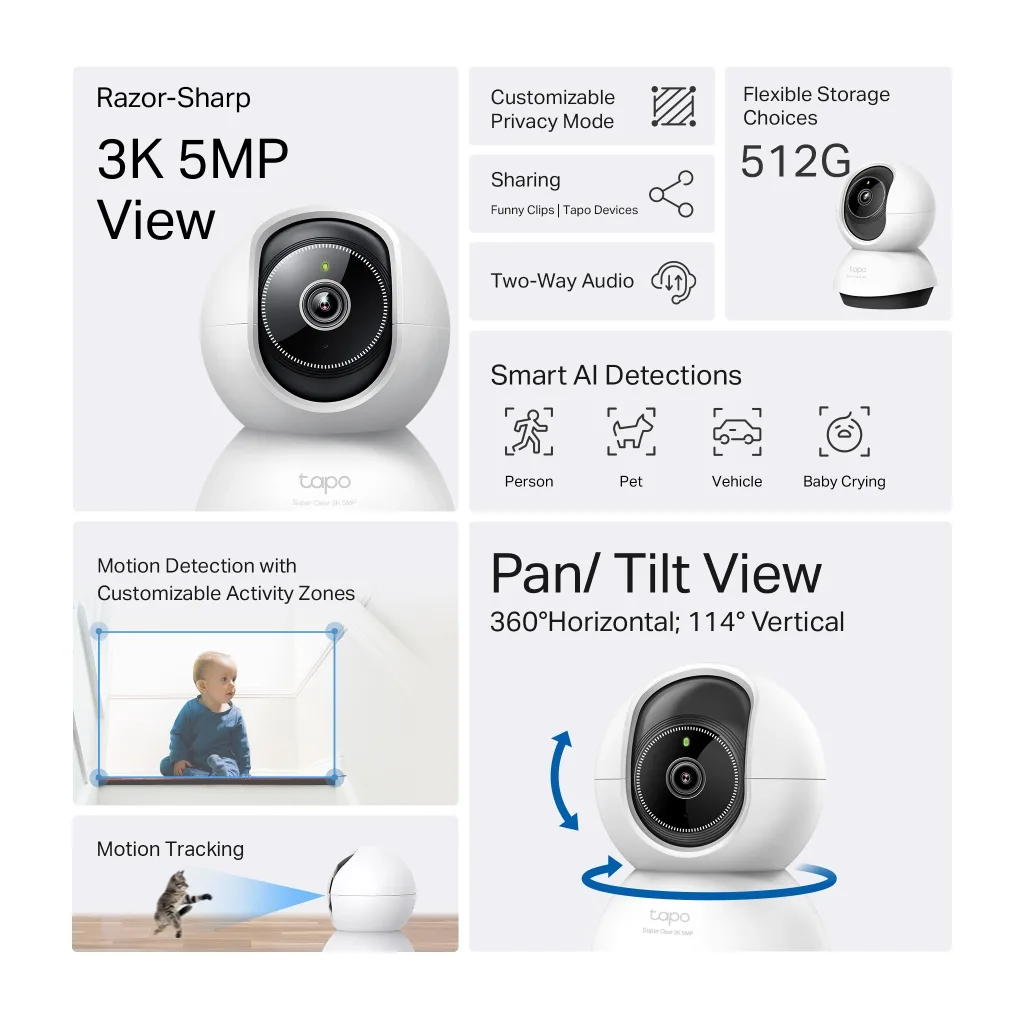 TP-LINK Tapo TC74 (C230), 3K, 5,0Mpix, İç Mekan, WiFi, 12Mt. Gece Görüşü, 360 Dönüş, İki Yönlü Ses Güvenlik Yapay Zeka D